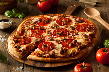 Pizza mit Grillfleisch, Zwiebeln und frischen Tomaten (mit Goudakäse überbacken)